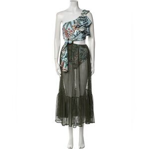 PatBO Tropical Print One-Shoulder Crop & Mesh Skirt Set Swimsuit Size S